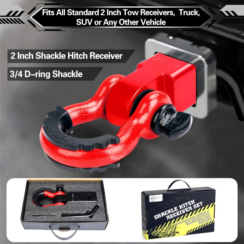 AUTOBOTS Shackle Hitch Receiver 2", 45,000 Lbs Break Strength Heavy Duty Receiver with 5/8" Screw Pin, 3/4" D Ring Shackles, Towing Accessories for Vehicle Recovery Off-Road, Red&Red - Image 5